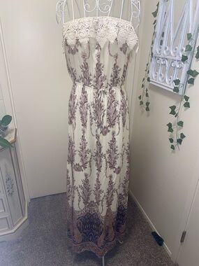 mine Strapless Crochet-Trim Maxi Dress in Cream and Mauve